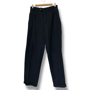 Vintage Linen Trouser Pants Men 31 Black Pleated Cuffed Straight Leg Old Money